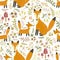 Adorable seamless pattern with cute foxes - Mother fox and her baby