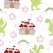 Adorable seamless pattern with funny dragons and castle in cartoon