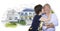 Adorable Senior Chinese Couple Kissing In Front of House Sketch Photo Combination