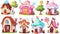 An adorable set of cute fantasy dessert homes for candyland design. Cartoon modern illustration set of cute fantasy