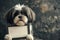 Adorable Shih Tzu dog holds a blank white sign, framed signboard mock-up on a dark textured background with copy space
