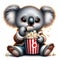 An adorable and shy baby koala, pose in cute with popcorns, with disney style, banksy art, animal