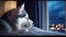 adorable Siberian Husky looking to the starry sky from window. Generative AI