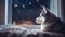 adorable Siberian Husky looking to the starry sky from window. Generative AI