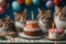 Adorable sight of numerous cats joining in a festive party with cake, balloons, and lively celebration brings a heartwarming.