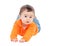 Adorable six month baby with orange jersey lying