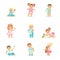 Adorable Smiling Babies And Kids In Blue And Pink Outfits Doing First Steps, Crawling And Playing Set Of Illustrations