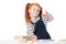 adorable smiling redhead schoolgirl drawing with felt tip pens and showing thumb up