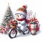 Adorable snowman with christmas style riding a bicycle with the beautiful christmas tree and the gifts behind it, snow, cartoon