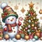 An adorable snowman with christmas tree and the ornaments, in cartoonish, fantasy design