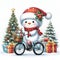 An adorable snowman riding bicycle with cute smile face, beautiful christmas tree and the gifts behind, white background, snowing