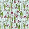 Adorable springtime background with Fern leaves, checkered lily and aquilegia