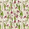 Adorable springtime background with Fern leaves, checkered lily and aquilegia