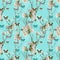 Adorable springtime seamless pattern with apple blossom and butterflies