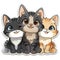 An adorable sticker of three cute kittens in cartoon vector style illustration