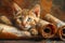 Adorable Tabby Kitten Peeking Out of a Rolled Antique Map on a Rustic Wooden Surface