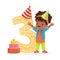 Adorable three year old girl celebrating her birthday, colorful cartoon character vector Illustration