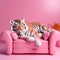 Adorable Tiger Sleeping On Pink Sofa - 3d Cartoon Illustration