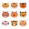 Adorable tigers. Set of cute cartoon animals portraits. Fits for designing baby clothes. Hand drawn smiling characters. Happy