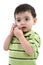 Adorable Toddler Boy Speaking On A Cordless Phone Over White