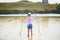 Adorable toddler girl on the sand beach at Atlantic coast of Brittany  France