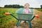 Adorable toddler girl in straw hat sitting in wheelbarrow on a farm