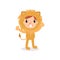 Adorable toddler in lion costume. Little king of jungle standing with hands up. Children animal jumpsuit for Halloween