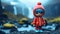 Adorable Toy Sculpture: Blue-haired Figure In Red Coat On Rock