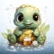 Adorable turtle sipping cool drinks, surrounded by water bubbles, in a playful digital art setting.