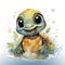 Adorable turtle sipping cool drinks, surrounded by water bubbles, in a playful digital art setting.