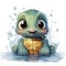 Adorable turtle sipping cool drinks, surrounded by water bubbles, in a playful digital art setting.