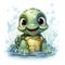 Adorable turtle sipping cool drinks, surrounded by water bubbles, in a playful digital art setting.