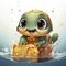 Adorable turtle sipping cool drinks, surrounded by water bubbles, in a playful digital art setting.