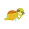 Adorable turtle in sunglasses lying. Funny green reptile relaxing and drinking refreshing beverage. Flat vector for