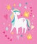 Adorable unicorn magic fantasy crowns hearts stars cartoon pink background