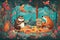 Adorable wallpaper design of whimsical animals such as sloths, pandas, and foxes having a tea party in a cozy