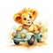 Adorable Watercolor Baby Lion Driving a Car Clipart on White Background AI Generated