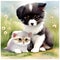 Adorable Watercolor Duo - Puppy and Kitten. AI Generated