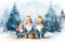 Adorable watercolor gnomes gather around the Christmas tree, exchanging gift in the cool Arctic atmosphere. Full color