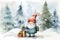 Adorable watercolor gnomes gather around the Christmas tree, exchanging gift in the cool Arctic atmosphere. Full color