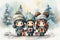 Adorable watercolor gnomes gather around the Christmas tree, exchanging gift in the cool Arctic atmosphere. Full color