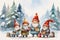 Adorable watercolor gnomes gather around the Christmas tree, exchanging gift in the cool Arctic atmosphere. Full color