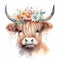 Adorable Watercolor Illustration of a Highland Cow Wearing a Flower Crown Children\\\'s Illustration
