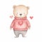 Adorable watercolor illustration of a teddy bear with a pink sweater and hearts, suitable for use in Valentine's