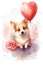 Adorable watercolor illustration valentines day card with corgi dog