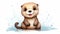 Adorable Watercolor Otter Cartoon: Detailed Kids\\\' Show Style Illustration on White Background.