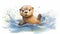 Adorable Watercolor Otter Cartoon: Detailed Kids\\\' Show Style Illustration on White Background.