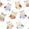 Adorable watercolor owls seamless pattern