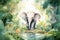 Adorable watercolor-style illustration soft pastels colors, gentle lighting, of playful elephant walking through jungle