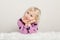 Adorable white blonde Caucasian preschool girl in pink purple clothes sitting on white fur rug